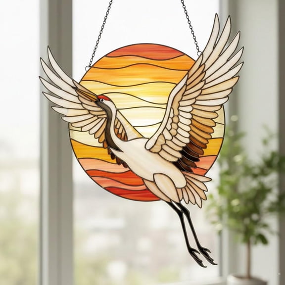 Flying Crane Acrylic Suncatcher | 2D Flat Design | Golden Sunset Bird Ornament | Japanese Stork Window Art | Gift for Mom | Window Hanging Decor