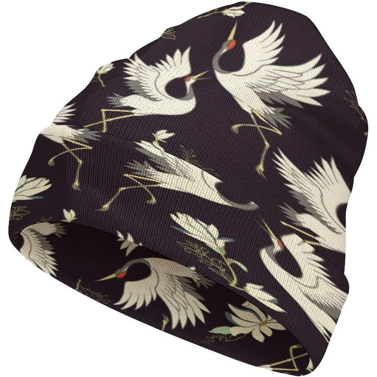 Flying Crane Bird Flower Unisex Knitted Hat Warm Printed Beanie
