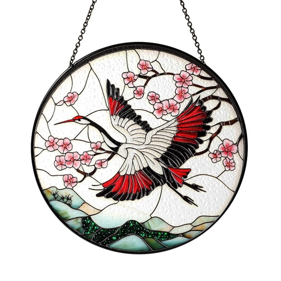 Flying Crane Bird Stained Glass Style Suncatcher Window Hanging, Blossom Branch Floral Window Decor Ornament, Elegant Bird Decorative Glass Art Panel, Nature Inspired Window Accent