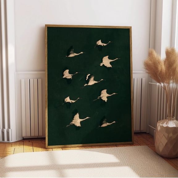 Flying Crane Print, Vintage Emerald Green Bird Wall Art, Antique Crane Flock Poster, Dark Green Ivory Nature Decor, Elegant Bird Art Print, Poster Only