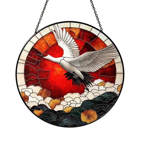 Flying Crane Red Sun Stained Glass Suncatcher Window Hanging Decor, White Crane Bird Cloud Landscape Decorative Glass Style Window Panel, Nature Inspired Art Ornament for Home Window