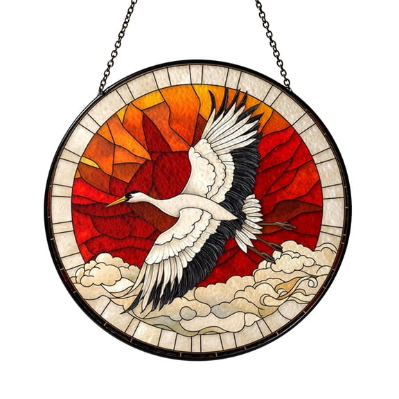 Flying Crane Stained Glass Suncatcher Window Hanging, White Crane Bird Decorative Glass Style Panel, Red Sun Cloud Landscape Window Decor Art, Elegant Nature Theme Home Window Ornament