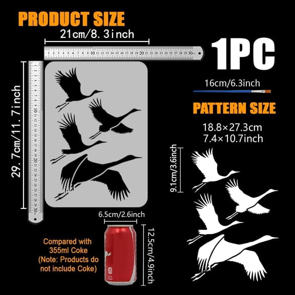 Flying Crane Stencil with Brush 8.3x11.7inch Crane Silhouette Template Hollowed Crane Pattern Stencil Animal Theme Template Flying Birds Stencil for Wood Floor Furniture Decoration