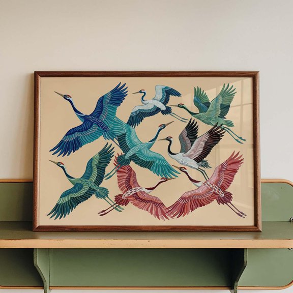Flying Crane Wall Art Print Horizontal Bird Poster Colorful Heron Flock Decor for Living R