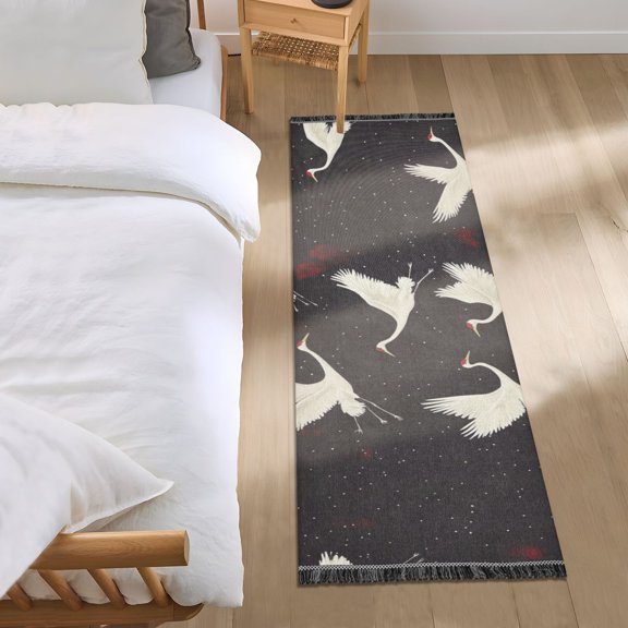 Flying Crane on Black Background Seamless Bedroom Runner Rug 2'x 6' Non Slip Carpet Indoor Home Area Rug Living Room