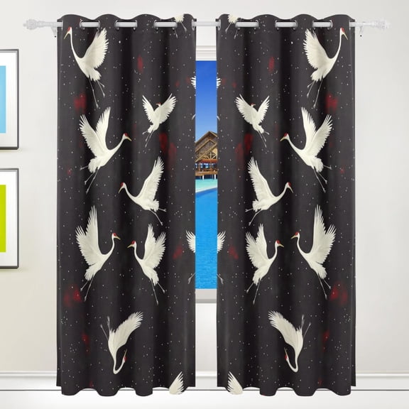 Flying Crane on Black Background Seamless Blackout Curtains for Living Room Bedroom 55W x 72/84L Insulated Window Drapes 2 Panels