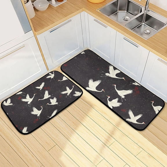 Flying Crane on Black Background Seamless Kitchen Mat Set of 2 Cushioned Non Slip Rugs for Bedroom Floor Runner Mats