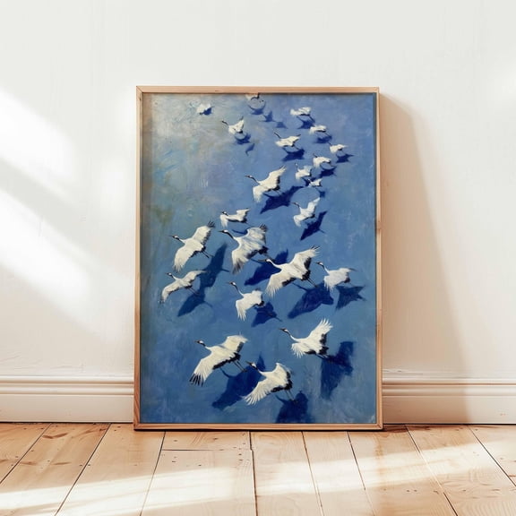 Flying Cranes Blue Sky Bird Flock Wall Art Soaring Wildlife Decor Unframed Paper Print