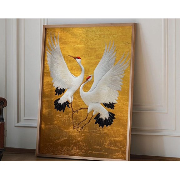 Flying Cranes Gold White Bird Wall Art Print, Unframed Paper Poster 8x10in