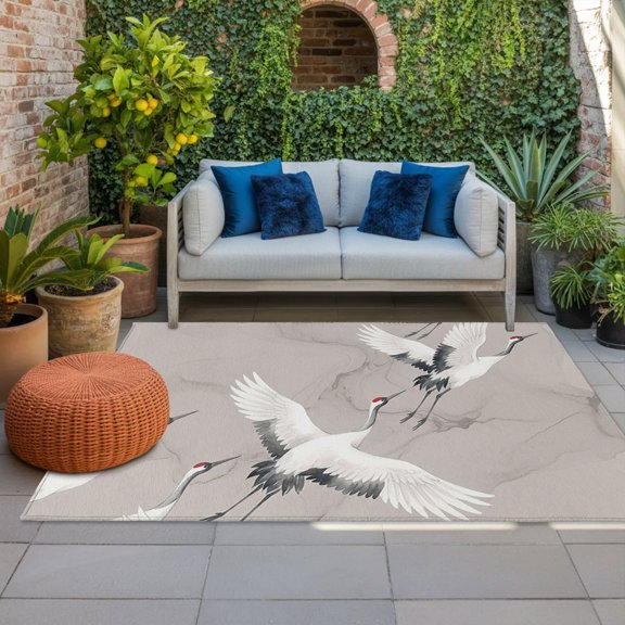 Flying Cranes Indoor Outdoor Rugs 4x6 Ft, Art White Bird Animal Ink Wash Gray Background Outdoor Patio Rugs Mat Washable Outside Area Rugs Carpet for Porch Deck RV Camping Pool Balcony Backyard