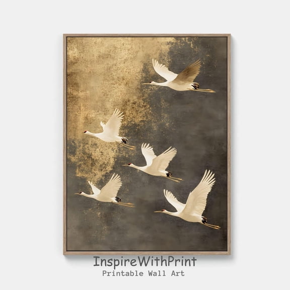 Flying Cranes Japandi Flock Of Birds Gold Beige Wall Art, Unframed Canvas 16x20in