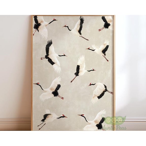 Flying Cranes Japanese Crane Bird Wall Art Print, Unframed Paper Poster 24x36in