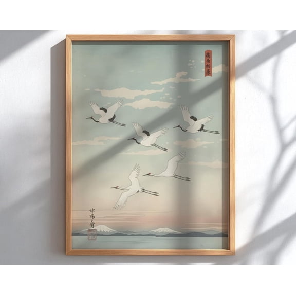 Flying Cranes Japanese Landscape Wall Art Print, Unframed Paper Poster 24x36in