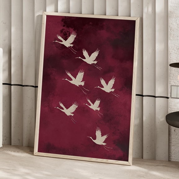 Flying Cranes Japanese Pink Burgundy Wall Art Poster White Bird Vintage Style Art Print Minimalistic Japandi Wall Decor, Poster Only