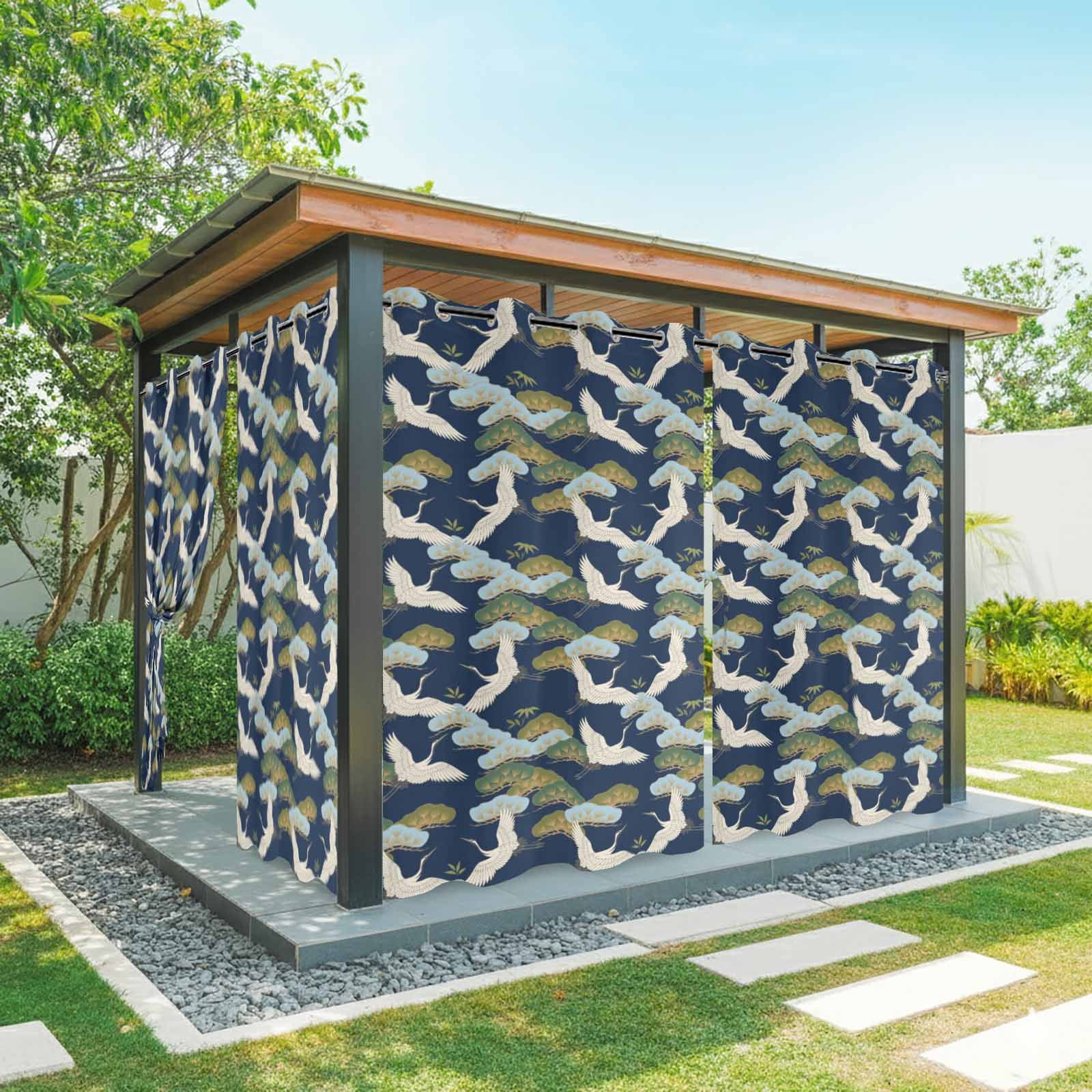 Flying Cranes Outdoor Curtains for Patio, Gold Pine Branches Navy Blue Background Sunshade Privacy Drapes Grommet Waterproof Outside Curtains for Porch/Cabana/Balcony 54"x 108", 1 Panel