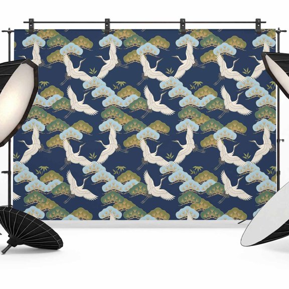 Flying Cranes Photography Backdrop 7x5FT, Gold Pine Branches Navy Blue Background Photo Backdrops, Background for Photography Studio Photo Studio Background, Back Drop for Photoshoot