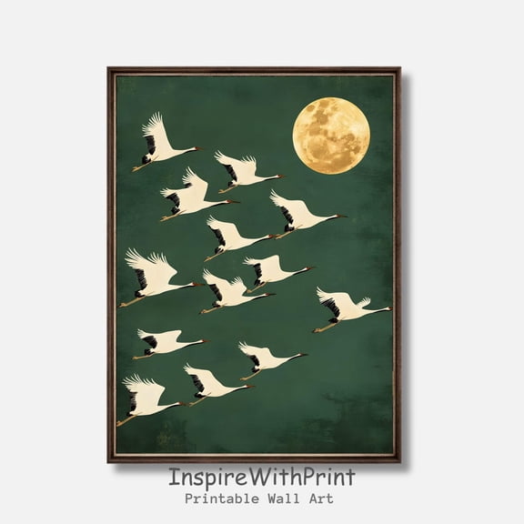 Flying Cranes Wall Art, Japandi Art Printable Flock of Birds , Japanese Crane Poster Emerald Green Wall Art, Birds and Moon Print, Size 16x24 UNFFRAMED F03.1.6l635