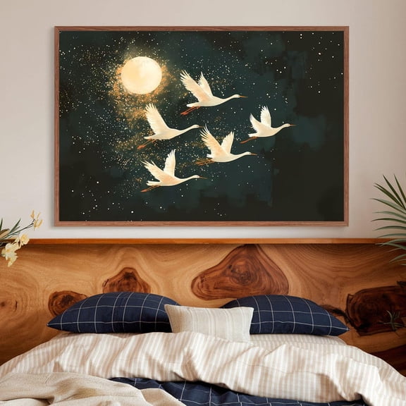 Flying Cranes Wall Art, Japandi Art Printable Flock of Birds , Japanese Crane Poster Emerald Green Wall Art, Birds and Moon Print, Size 8x12 UNFFRAMED F03.1.6l657