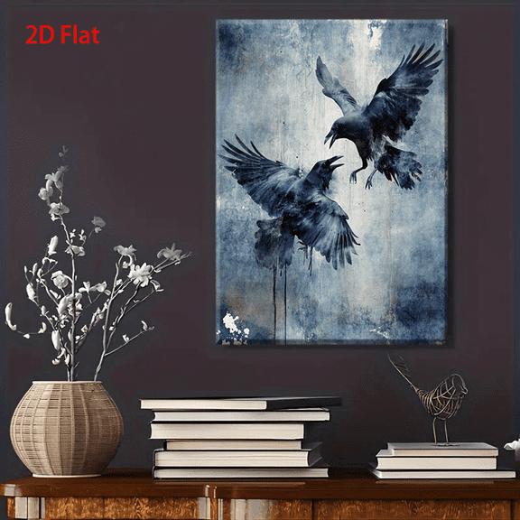 Flying Crow Dance Watercolor Raven Art Painting - Blue & Grey Muted Tones Crow Wall/Tabletop Decor, Elegant Bird Illustration for Home Office Study
