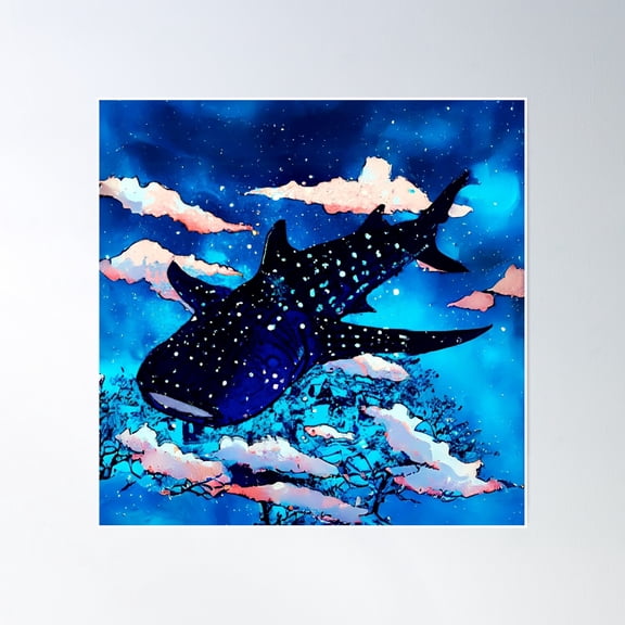 Flying Deep Blue Cosmic Whale Shark On Japan Neighbourhood Sky With Clouds Poster Wall Art, Modern Wall Decor, 8x12 UNFRAMED