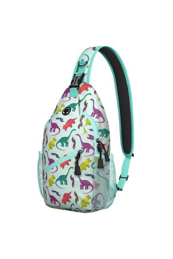 Flying Dinosaur Print Sling Backpack, Roaring Dino and Stars Pattern Lightweight Crossbody Bag for Women Travel Hiking Birthday Gift