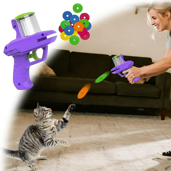 Flying Disc Cat Launcher Set - Cat Fetch Toy Pet Toys,Cat Playing Tracking Interactive Toys for Kitten Chasing Training Hunting Free 15 frisbees(Purple)