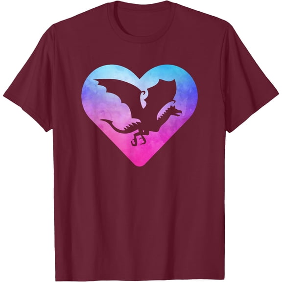 Flying Dragon Heart Shape Unisex T-Shirt for Men Women Kids Toddler,Maroon Color,Size L