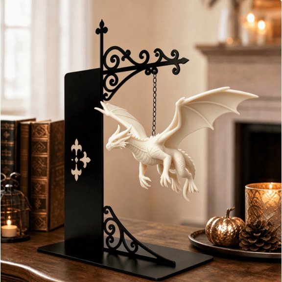 Flying Dragon Metal Bookshelf Decor,Figurine for Desktop Bookshelf & Desk Bookshelf,Gift for Book Lovers & Fantasy Fans (White)