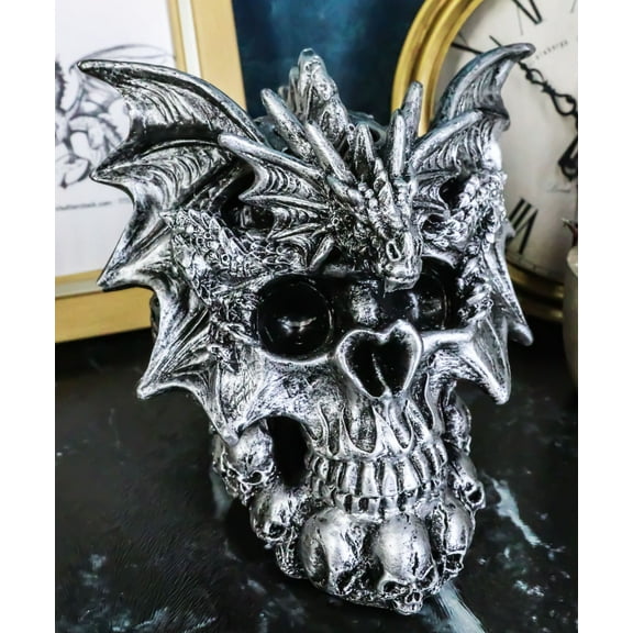 Flying Dragon On Ossuary Morphing Skull with Celtic Tribal Patterns Figurine