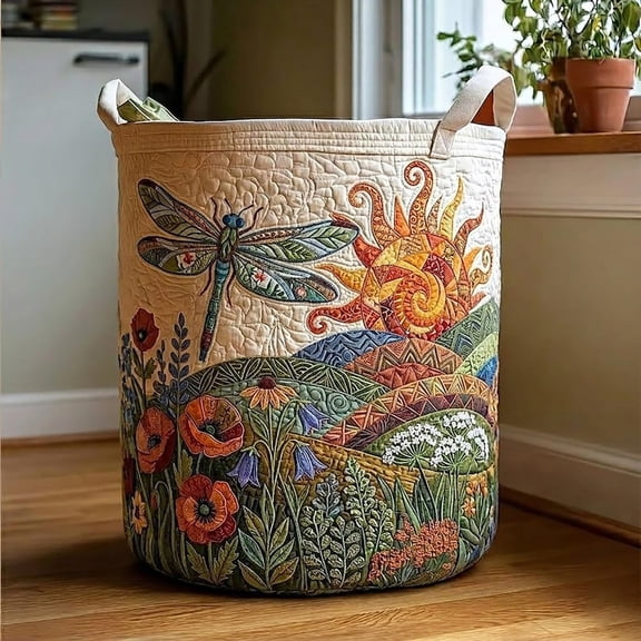 Flying Dream Quilted Laundry Basket: Boho Garden Field Hamper, Floral Hill Storage Bin