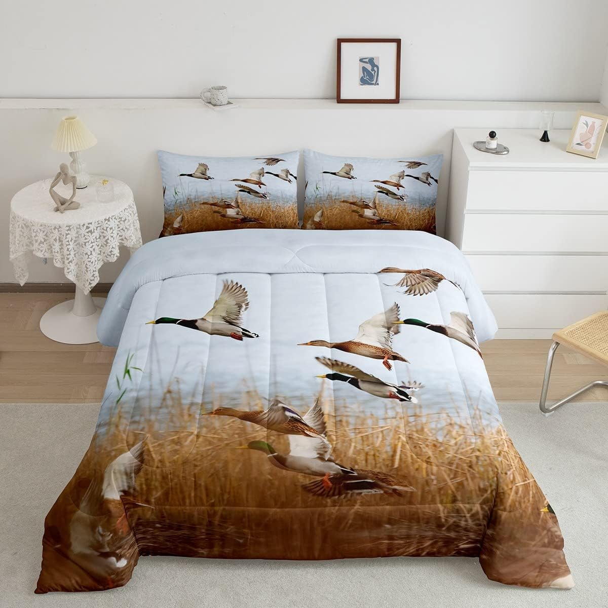 Flying Duck Bedding Twin,Hunting Wild Animal Quilt for Kids Boys Girls