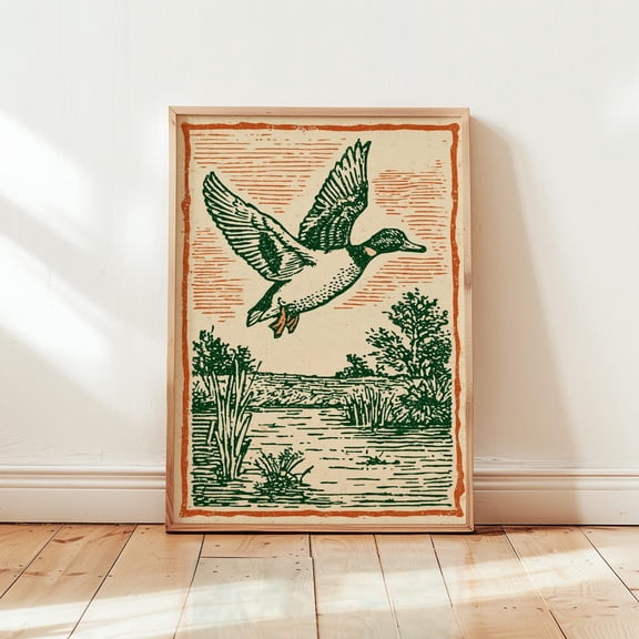 Flying Duck Linocut Marsh Wall Art Decor Unframed Paper Print