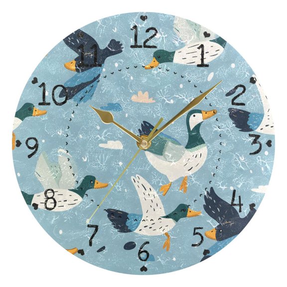 Flying Ducks Cartoon Round Wall Clock Silent Analog Battery Operated Gold Pointer Home Decor 9.84" Diameter