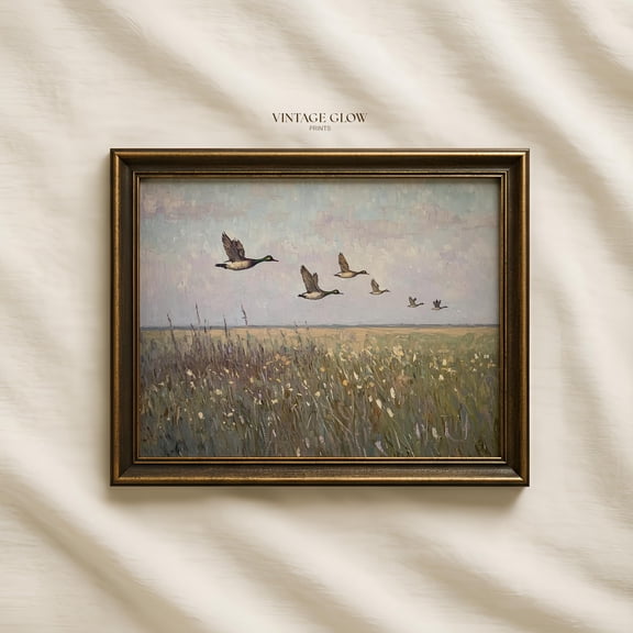 Flying Ducks Landscape Poster Vintage Rustic Countryside Nature Wall Art #V62 , Poster Print Only