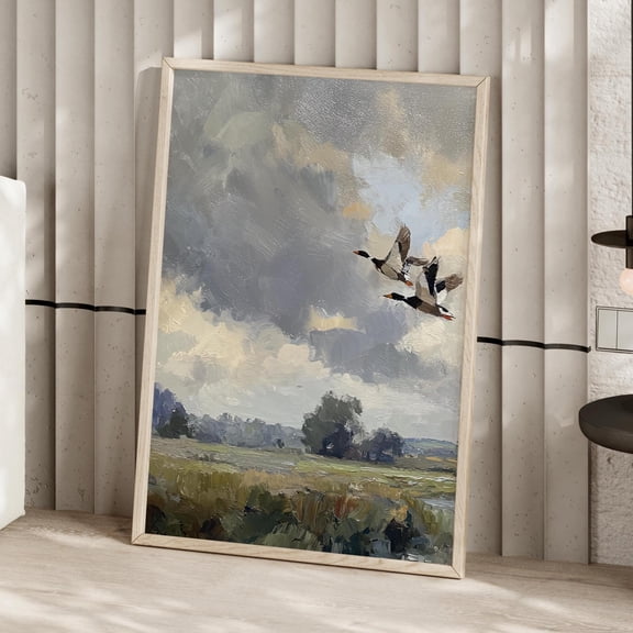Flying Ducks Over River Poster Vintage Countryside Print Impressionist Farmhouse Prints Flying Bird Watcher Flock Art, Poster Only