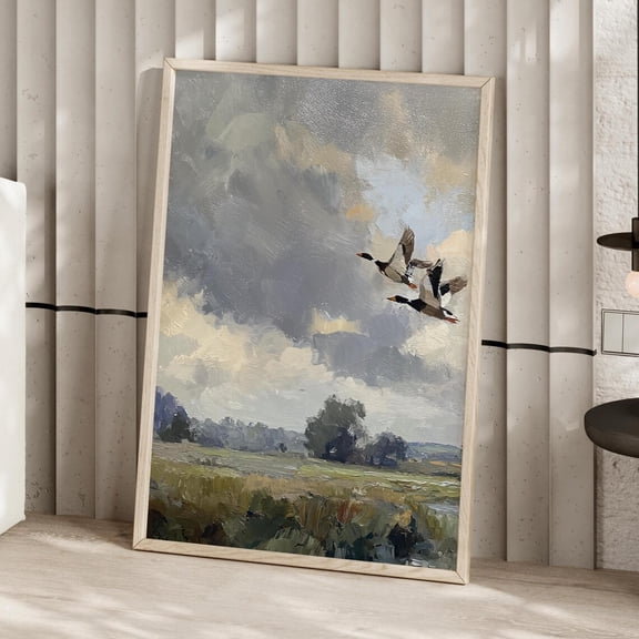 Flying Ducks Over River Wall Art, Vintage Countryside Farmhouse Decor, Unframed Paper Print Size 8x12