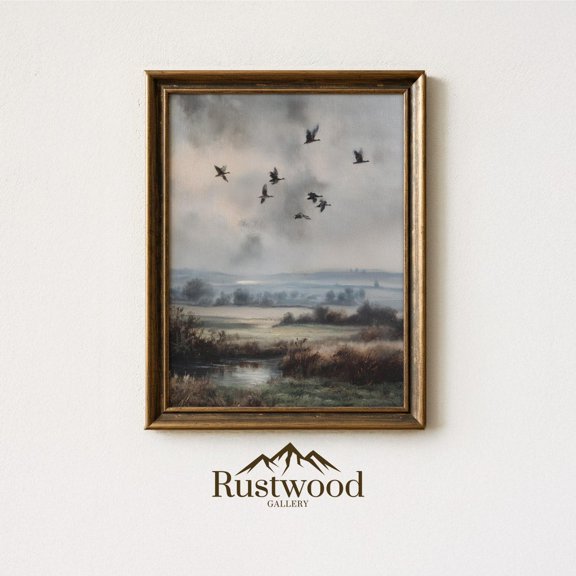 Flying Ducks Print Rustic Countryside Landscape Bird Decor