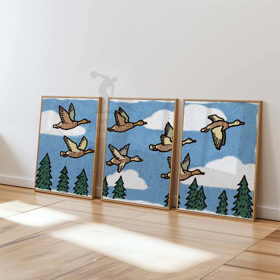 Flying Ducks Print Set Retro Nature Wall Art Blue Sky Decor Set 3