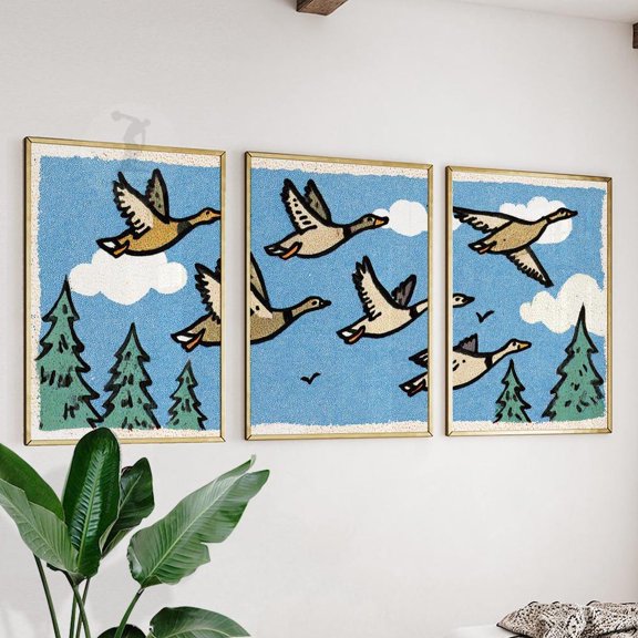 Flying Ducks Retro Pop Birds Playful Blue Sky Living Room Wall Art Set 3 Unframed Paper Print 20x30