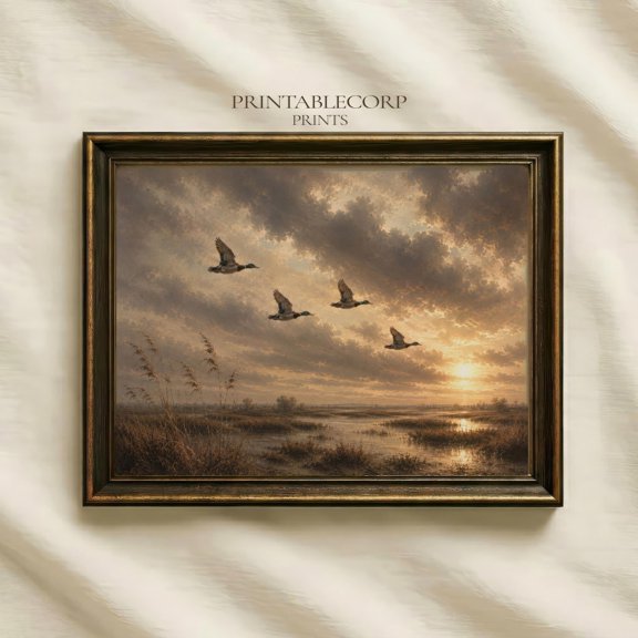 Flying Ducks Rustic Landscape Vintage Countryside Moody Marsh Decor