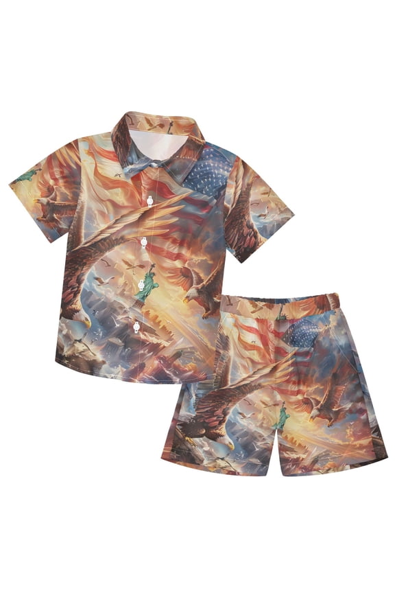 Flying Eagle Boys' Hawaiian Shorts Sets Button Down Shirts 3T-10Y for Beach Vacation
