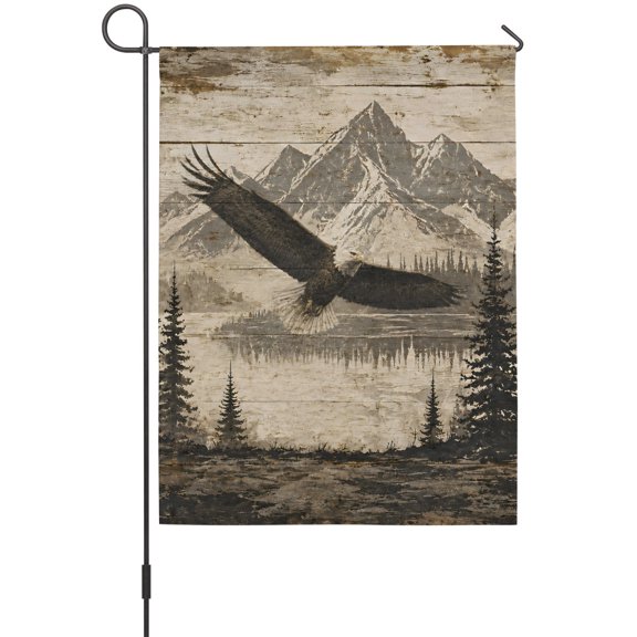 Flying Eagle Garden Flag 12 x 18 Inches, Rustic Country Brown Mountain Pine Tree Wood Grain Weather Proof Outdoor Patio Flags Double Sided Small Garden Decoration for Yard Outside Home