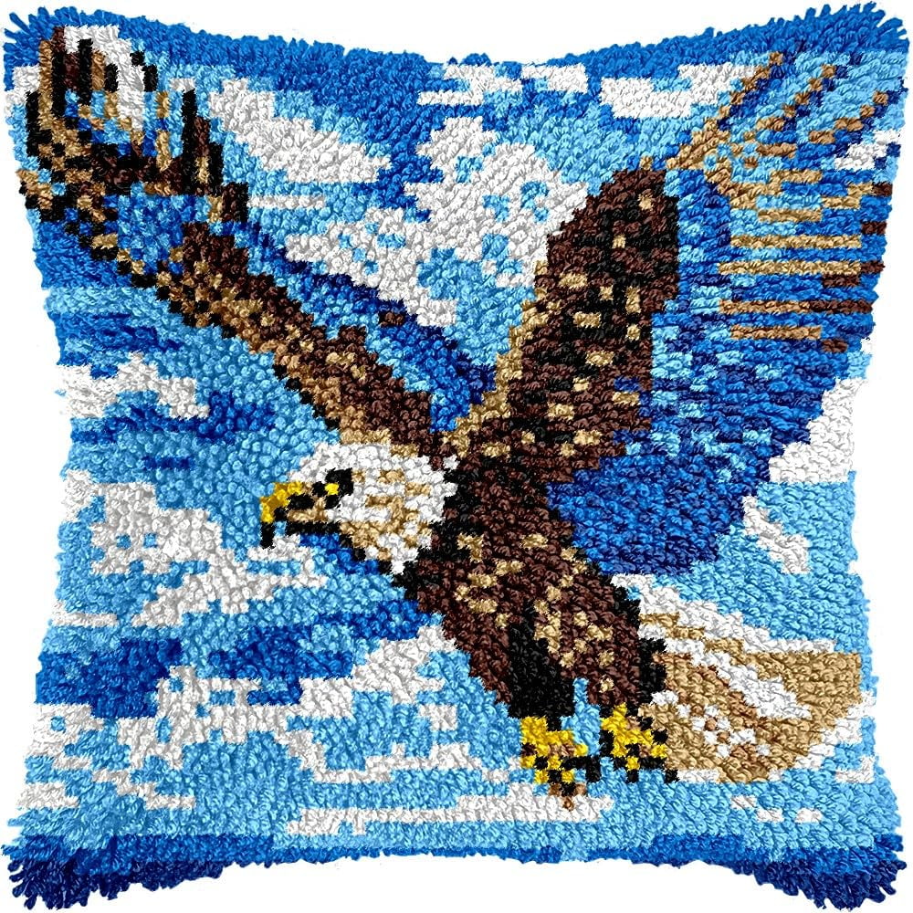 Flying Eagle Latch Hook Pillow Kits Pillow Cover Latch Hook Crafts Crochet Knitted Hooking Pillowcase Cushion Crafts Embroidery Latch Hooking Kits Material Set 17x17 inch(184)