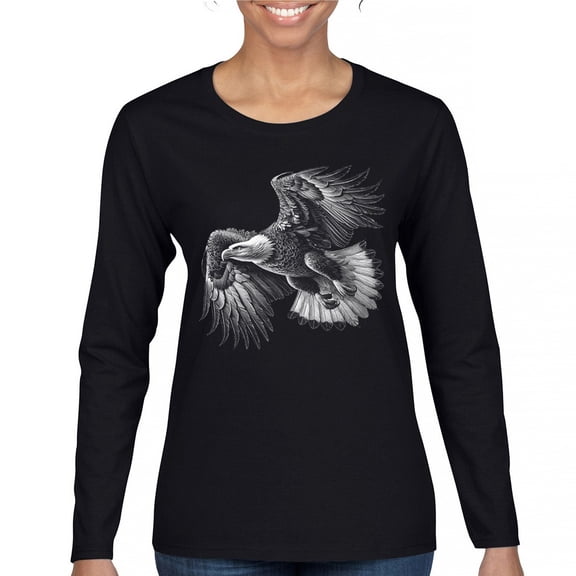 Flying Eagle Portrait Women's Long Sleeve T-shirt Soaring Patriotic Symbol of Freedom American Bird Wings Wildlife Nature