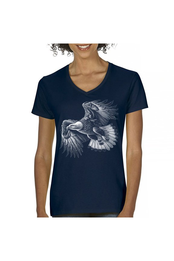 Flying Eagle Portrait Women's V-Neck T-shirt Soaring Patriotic Symbol of Freedom American Bird Wings Wildlife Nature Tee