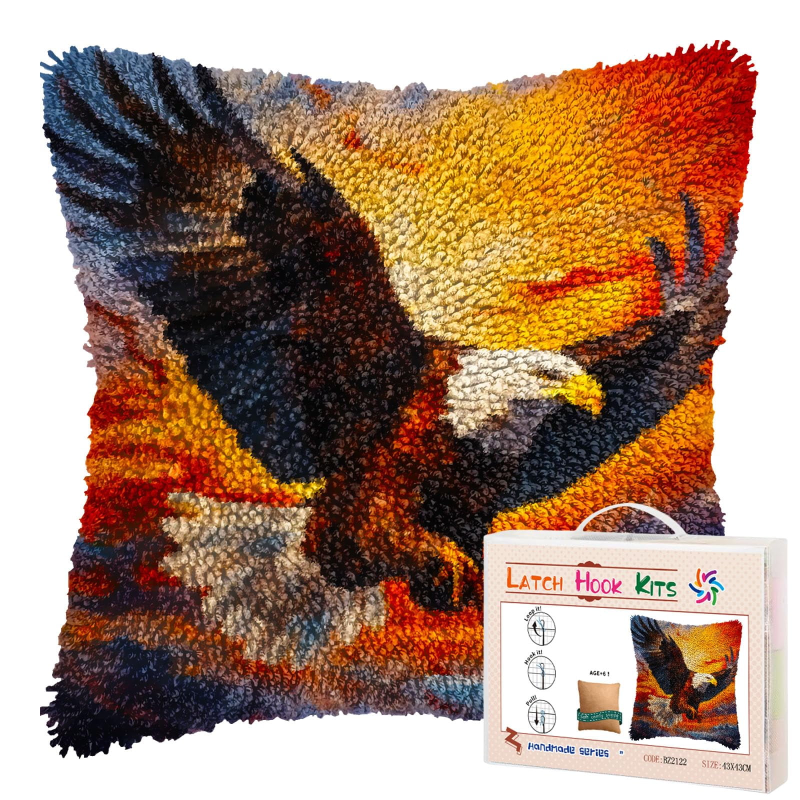 Flying Eagle in Red Cloud Sky DIY Latch Hook Pillow Kits for Adults Printed Pillowcase Crochet Yarns Hooking Handmade Pillow Cover Cushion for Home Sofa Decoration 17x17inch(2)