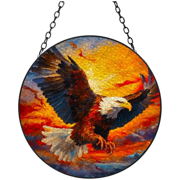 Flying Eagle in Red Cloud Sky Stained Glass Suncatcher Handmade Window Hanging Colored Glass Suncatcher Crafts Kits for Indoor Garden Decor Memorial Gift 16x16cm(2)