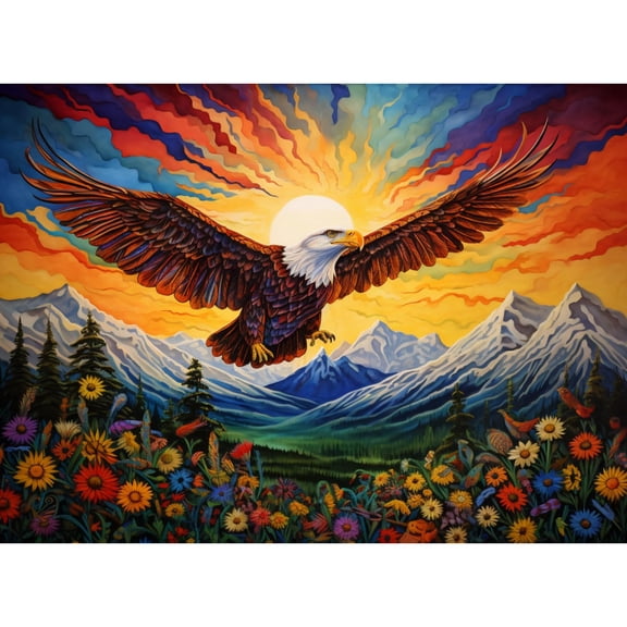 Flying Eagle Sunset Mounatin 5D Diamond Art Painting by Number Kits for Adults DIY Paint with Round Full Drill Diamond Gems Painting Art Craft for Home Wall Decor 15.8x19.8inch