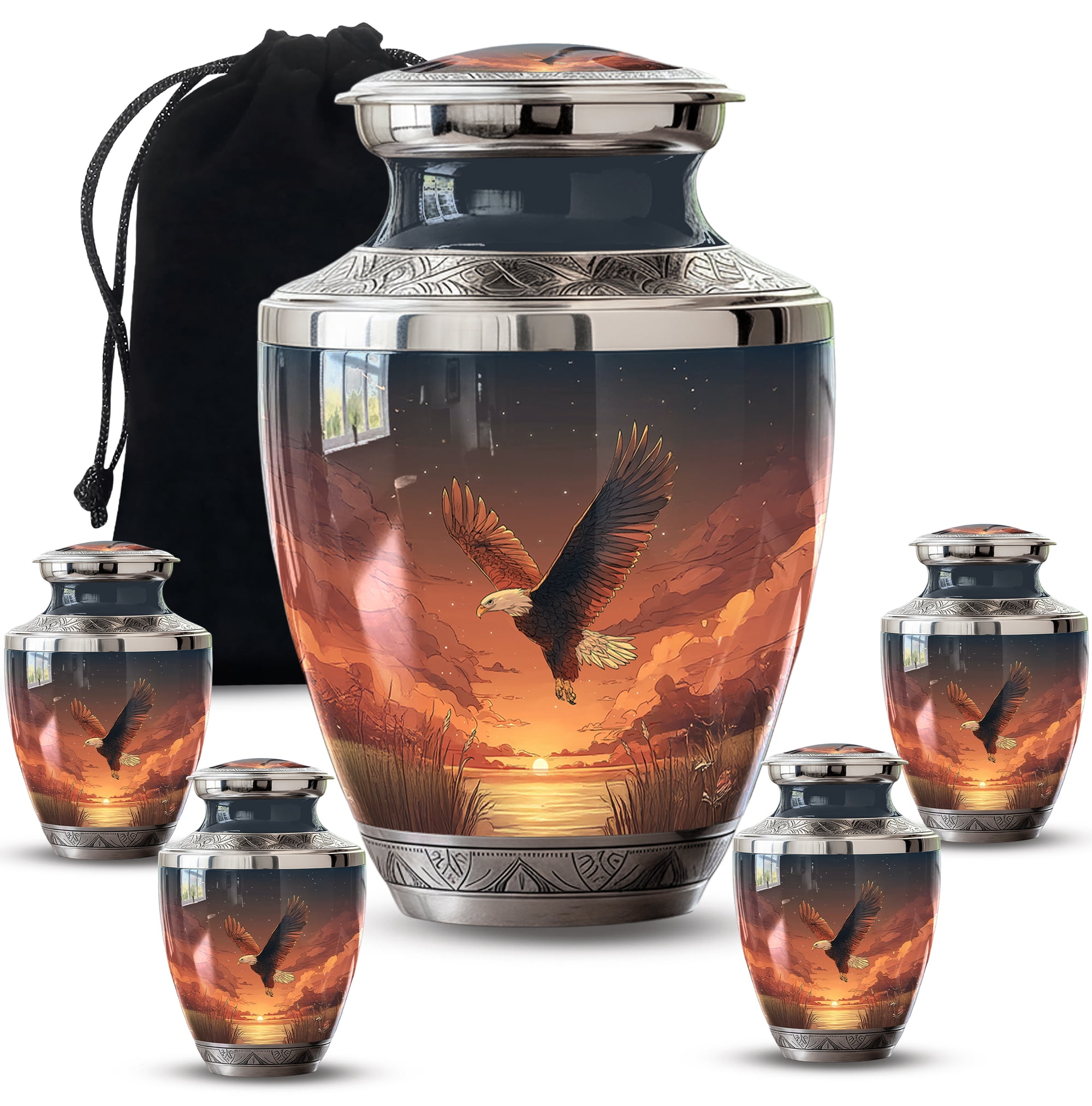 Flying Eagle Urns for Human Ashes Adult Male - 3 Inch Sunset Eagle Cremation Urn - 10 Inch with 4 Mini Keepsake Urns - Large Ash Container Memorial Urn Set