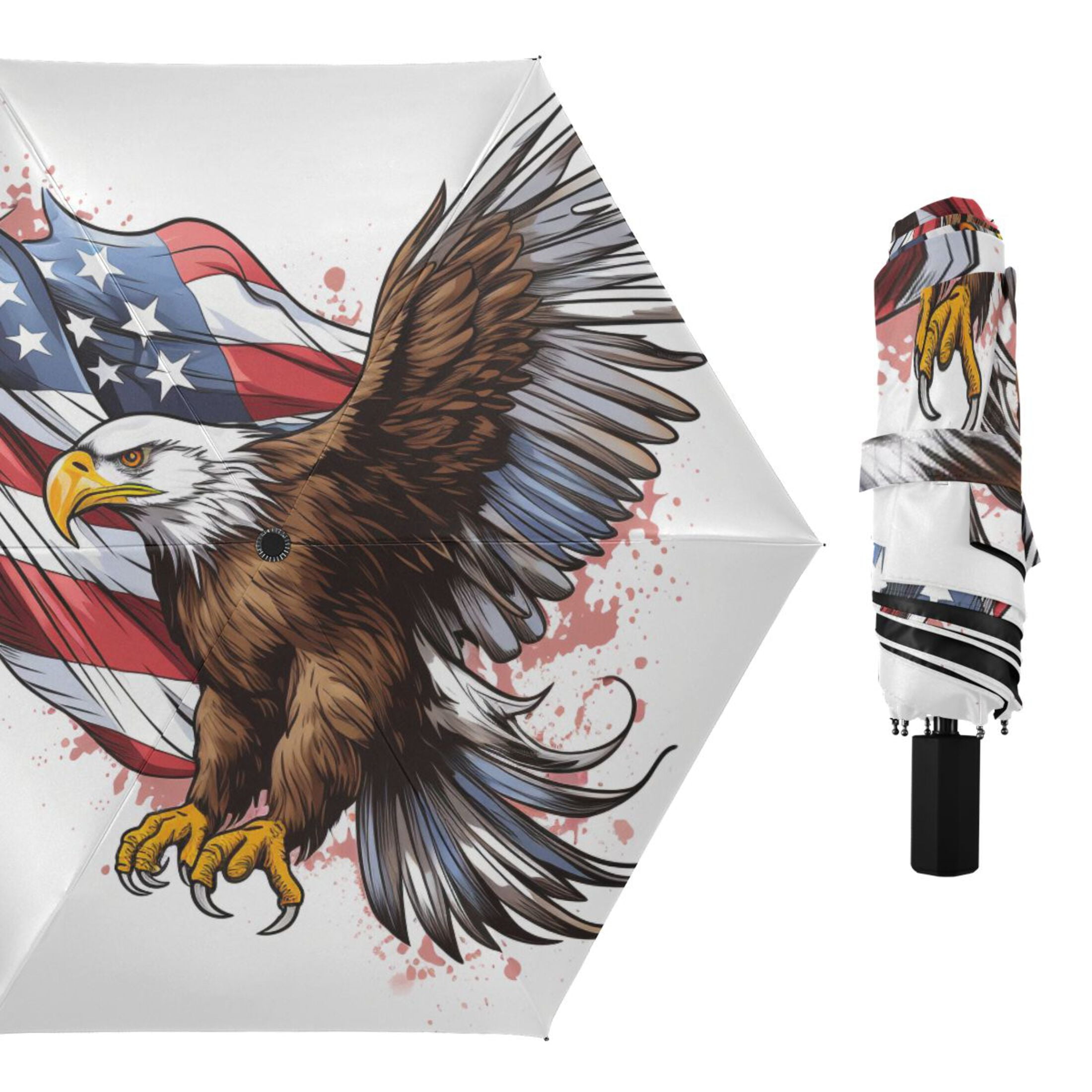 Flying Eagle and American Flag Compact Sun Umbrella Windproof Travel Umbrellas for Rain Strong Portable UV Protection